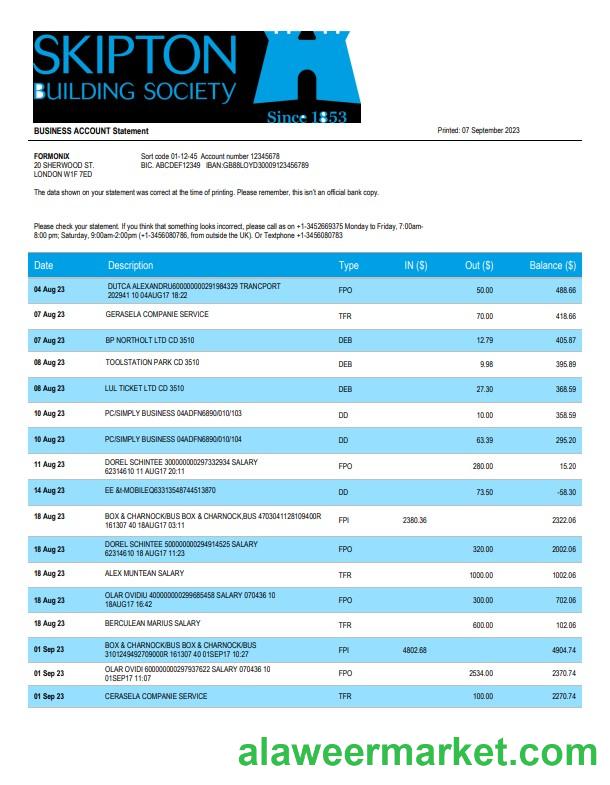 Skipton Building Society Bank firm account statement Word and PDF template